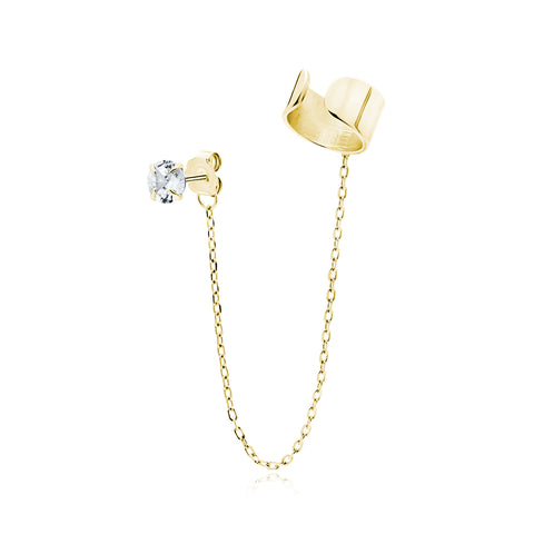 Goud vergulde ear cuff met ketting en zirconia (per stuk)