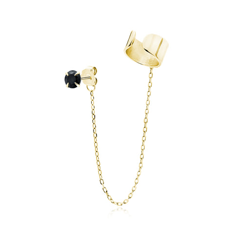 Goud vergulde ear cuff met ketting en zwarte zirconia (per stuk)