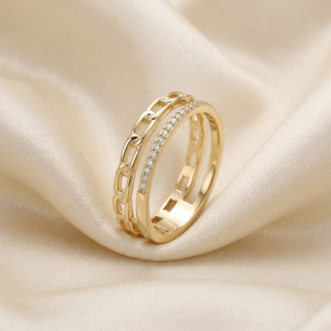 Layered ring with chain detail and zirconia accents - Dilan Collective
